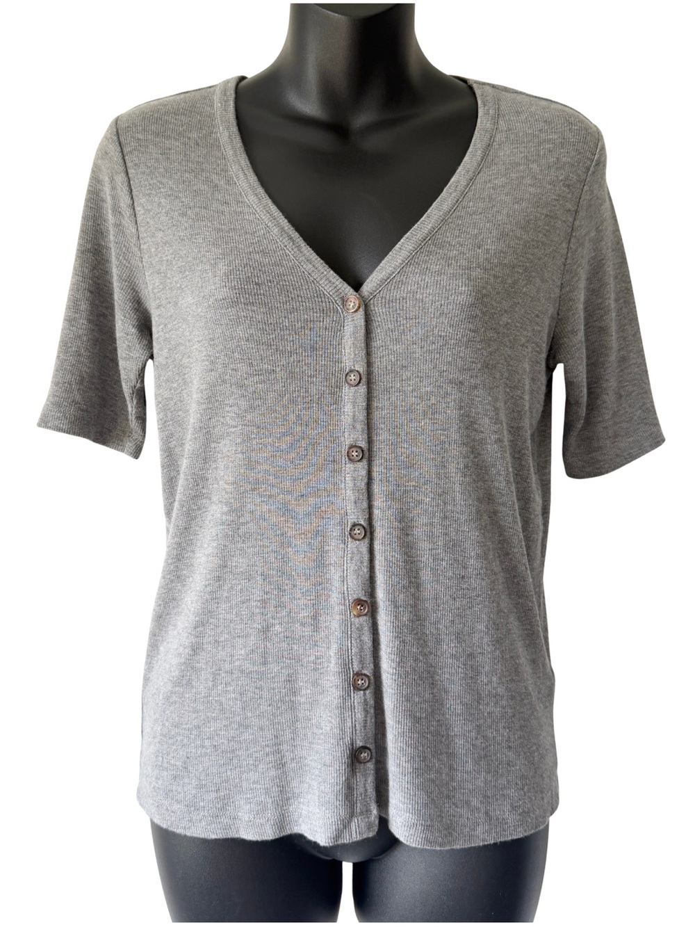 Marine Layer Lexi Ribbed V-Neck Button Front Top Womens Small Gray Stretch